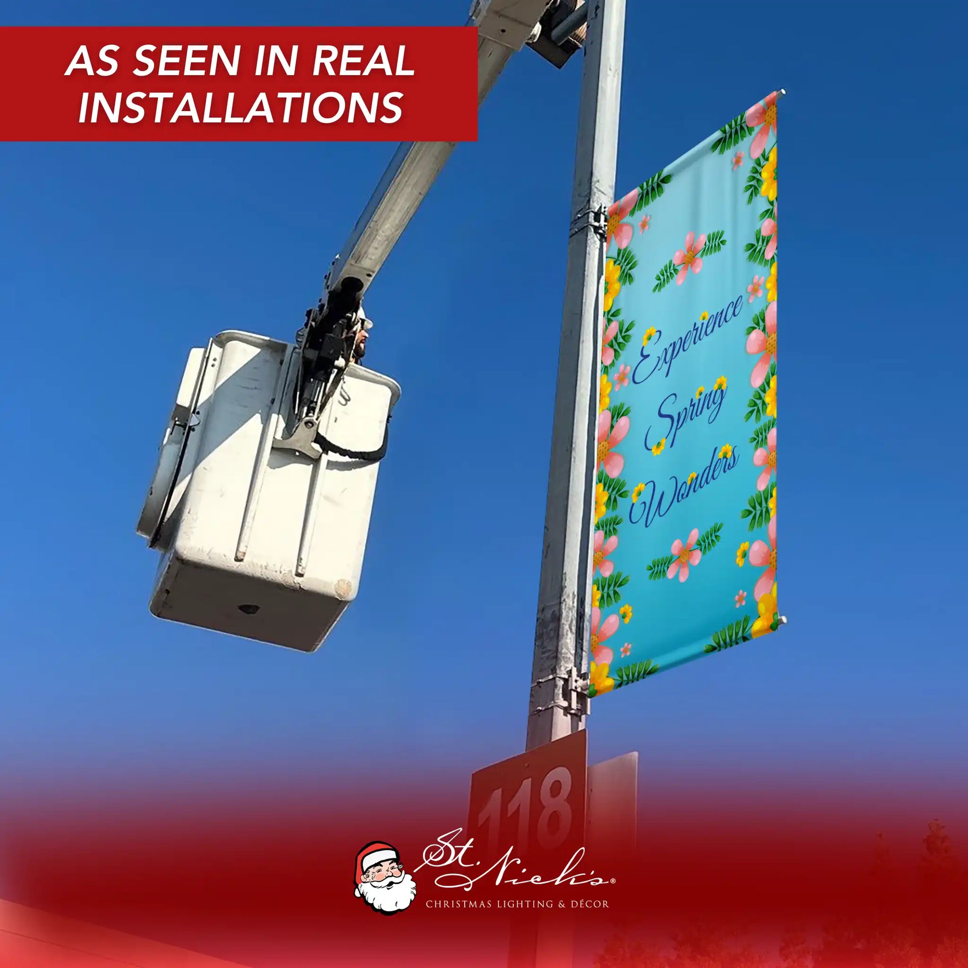 Experience Spring Wonders spring pole banner displayed on street pole in real installation