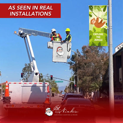 Explore the Jungle green street banner installed on light pole during professional outdoor installation