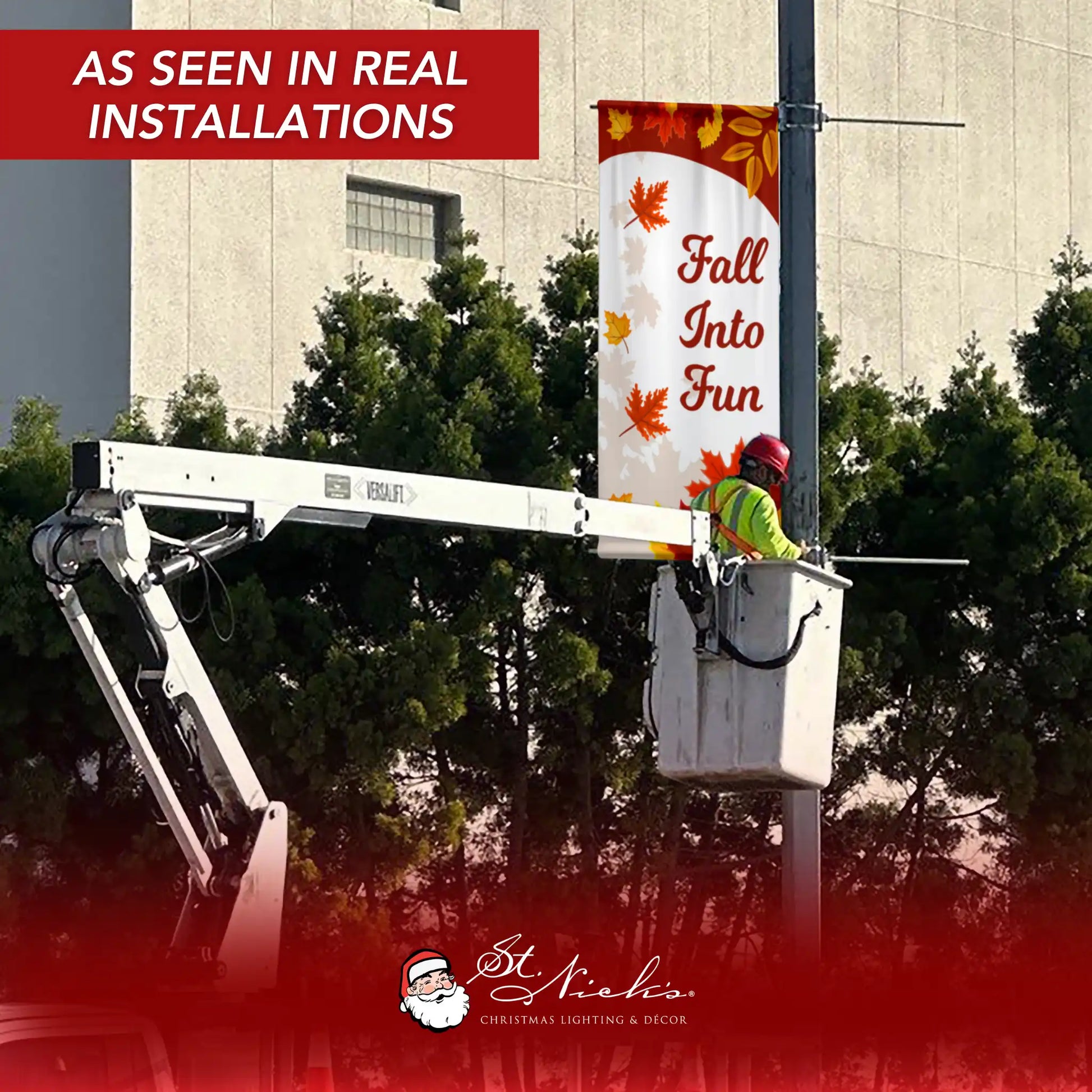 Fall Into Fun autumn pole banner displayed on street pole in real installation