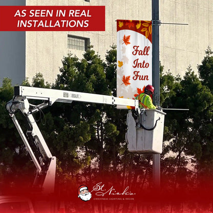 Fall Into Fun autumn pole banner displayed on street pole in real installation