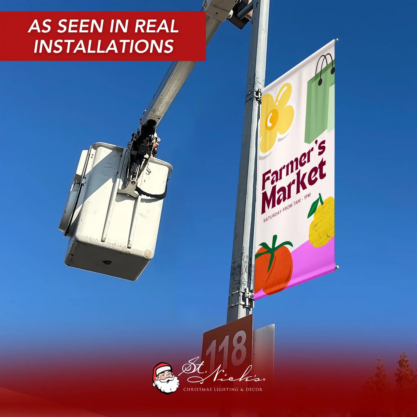 Farmer’s Market cream pole banner displayed on street pole in real installation