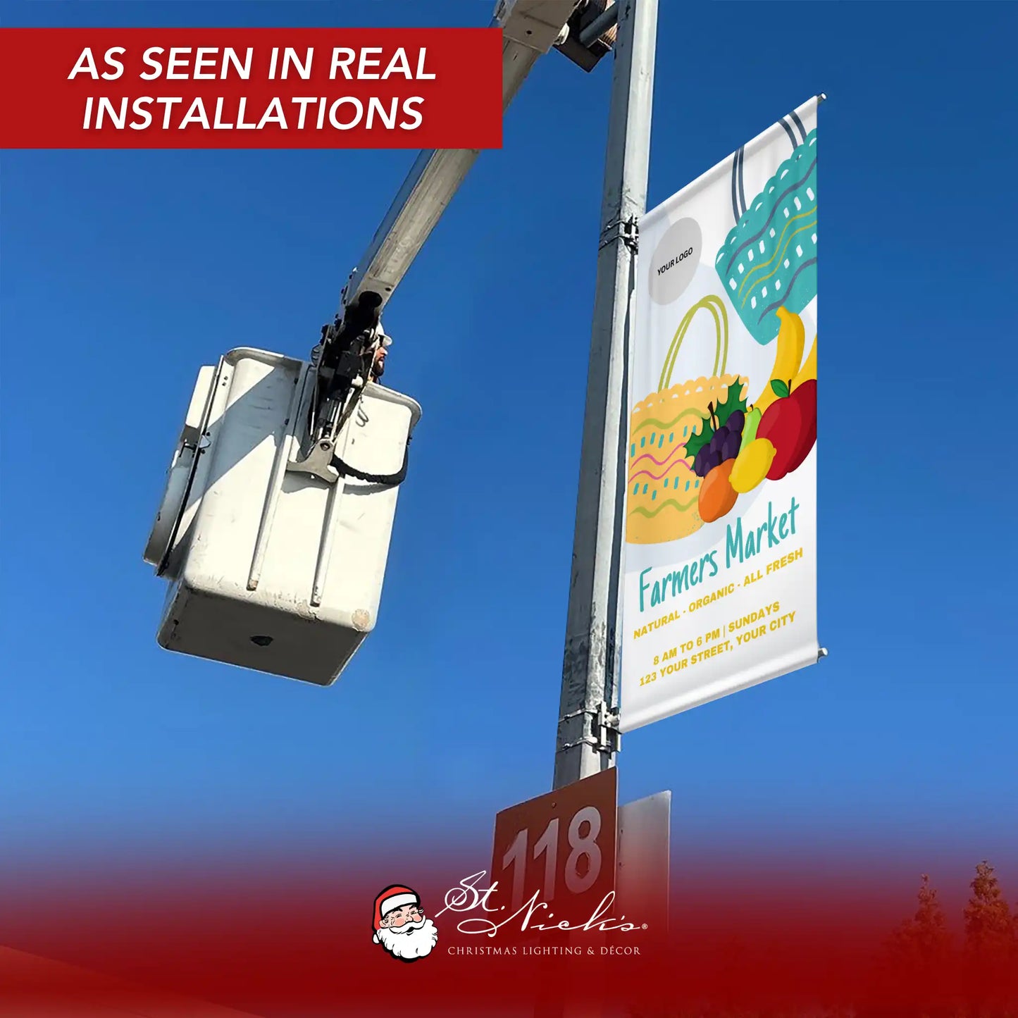 Farmers Market grocery bag pole banner displayed on street pole in real-world installation
