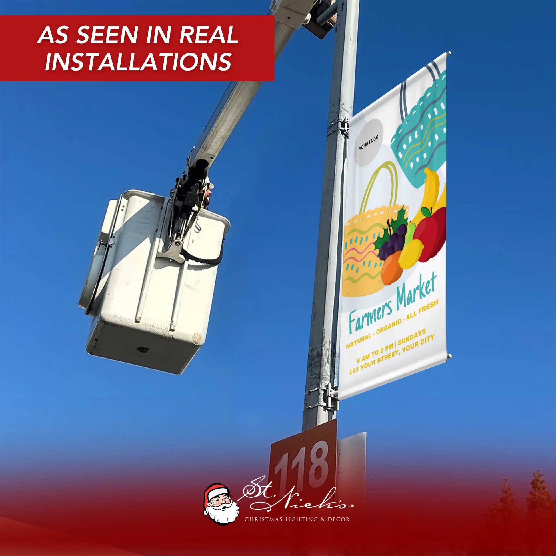 Farmers Market grocery bag pole banner displayed on street pole in real-world installation