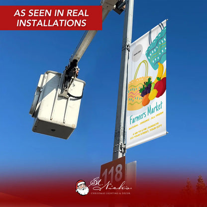 Farmers Market grocery bag pole banner displayed on street pole in real-world installation