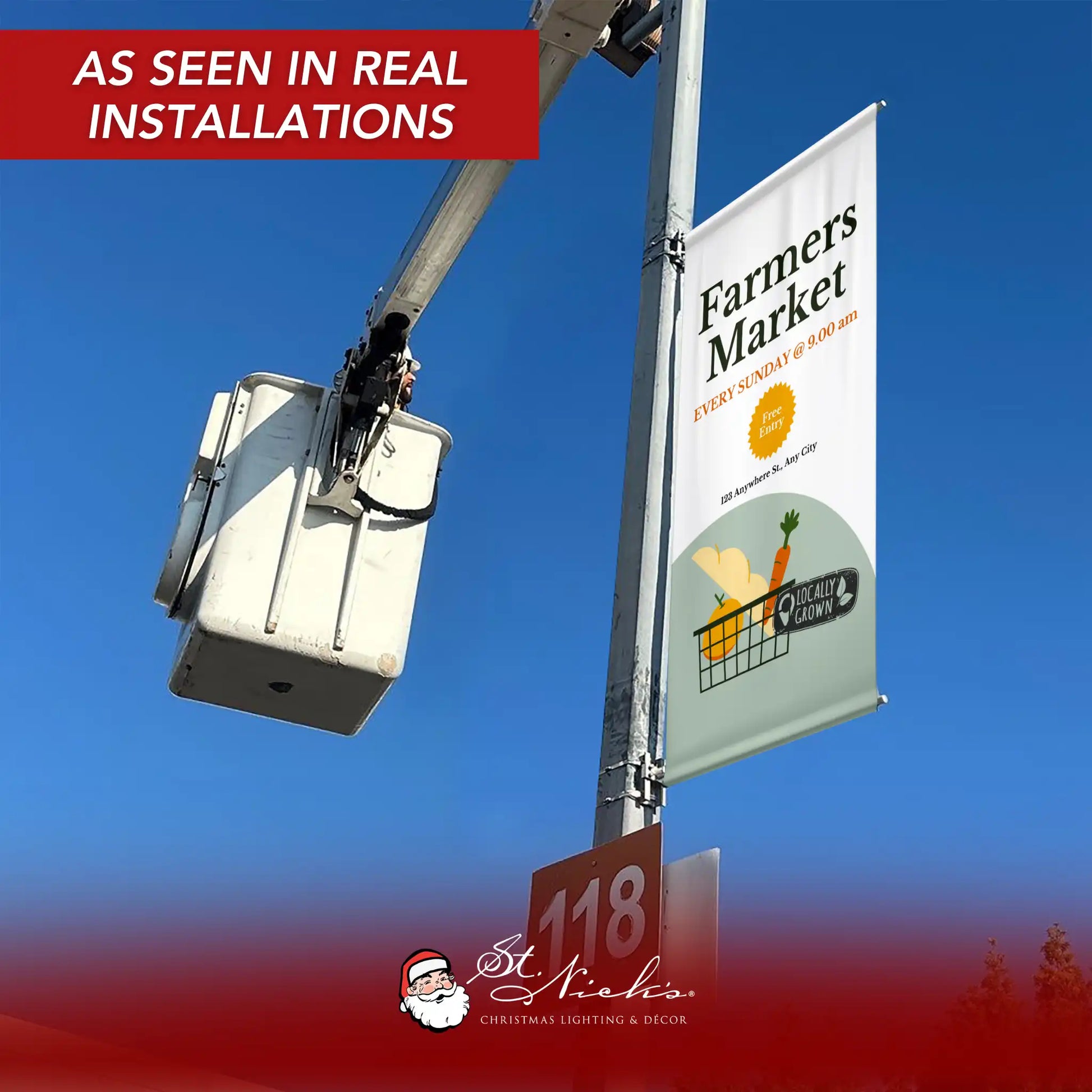 Farmers Market pole banner displayed on street pole in real-world installation