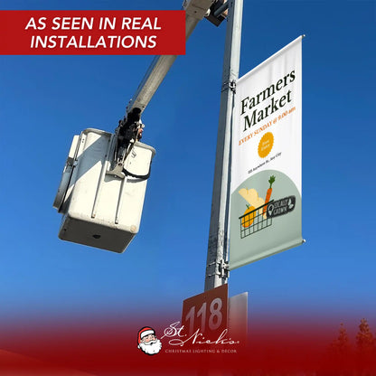Farmers Market pole banner displayed on street pole in real-world installation