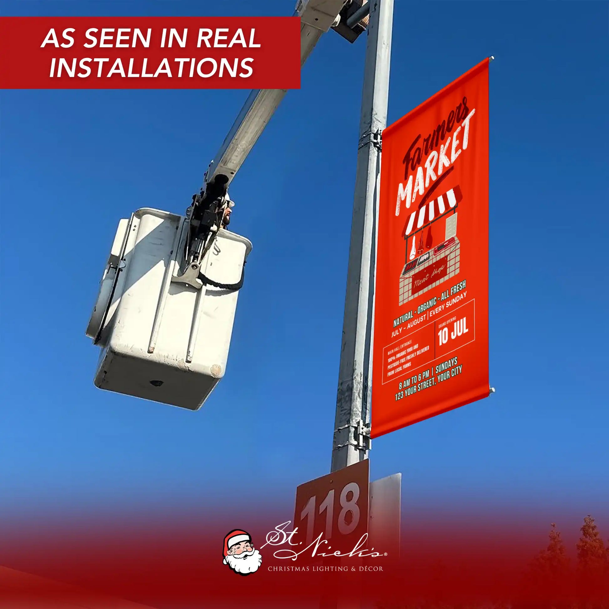 Farmers Market red pole banner displayed on street pole in real installation