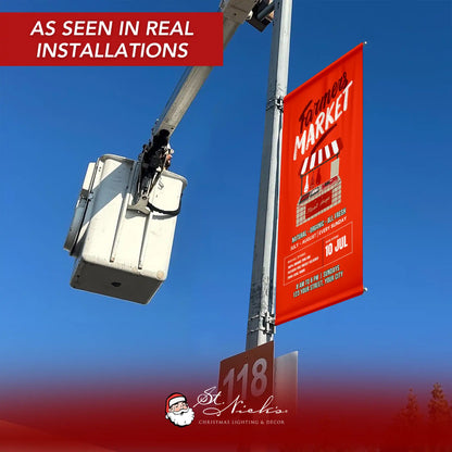 Farmers Market red pole banner displayed on street pole in real installation
