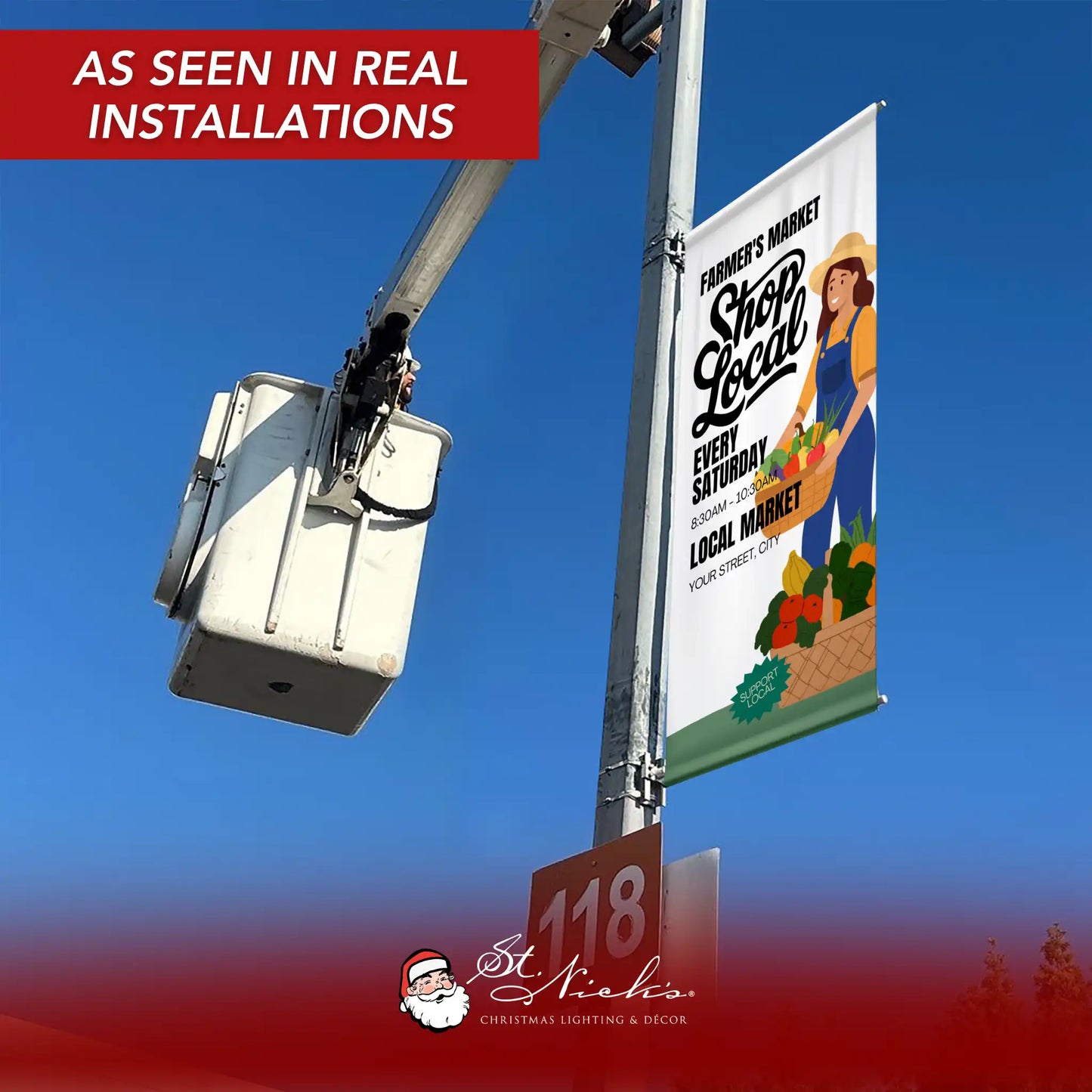 Farmer’s Market shop local pole banner displayed on street pole in real-world installation