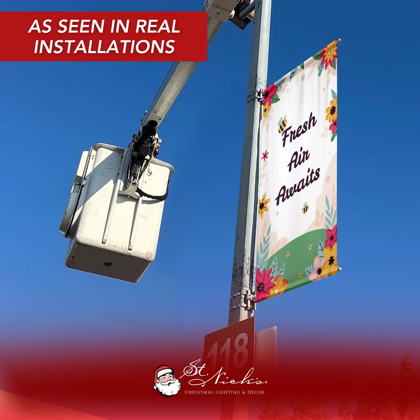 Fresh Air Awaits spring pole banner displayed on street pole in real installation
