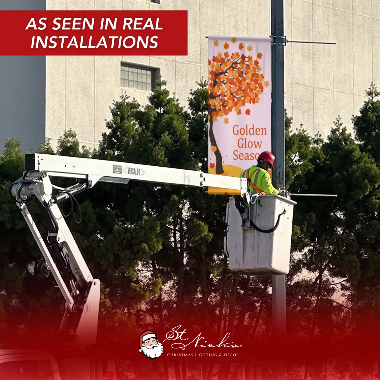 Golden Glow Season fall pole banner installed on a street pole in a real outdoor installation