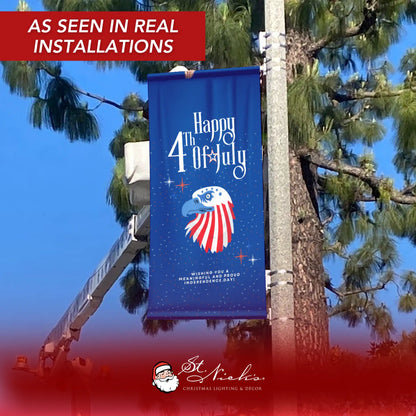 Happy 4th of July eagle pole banner displayed on street pole in real installation