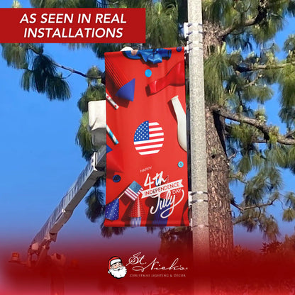 Happy 4th of July red party pole banner displayed on street pole in real installation
