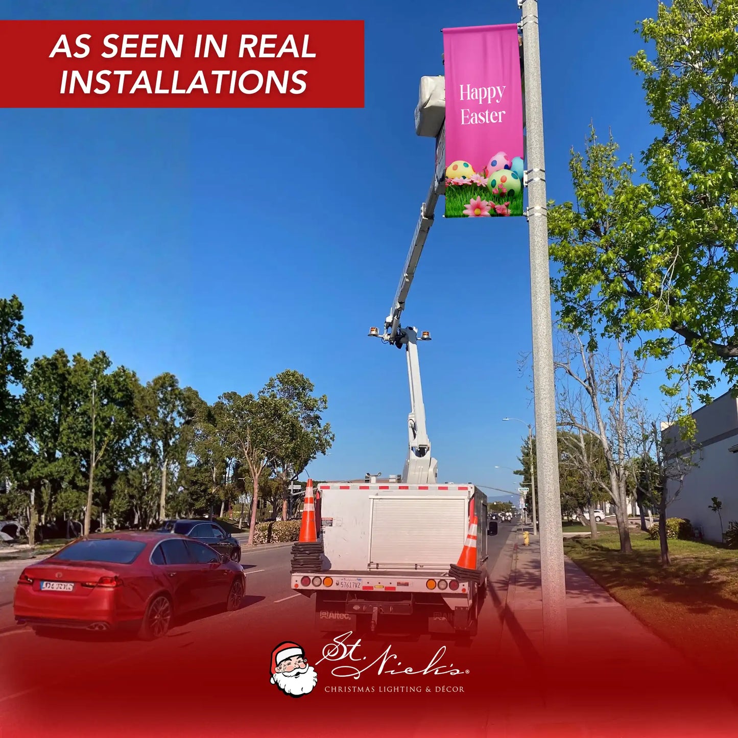 Happy Easter pole banner displayed on street pole in real installation