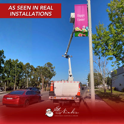 Happy Easter pole banner displayed on street pole in real installation