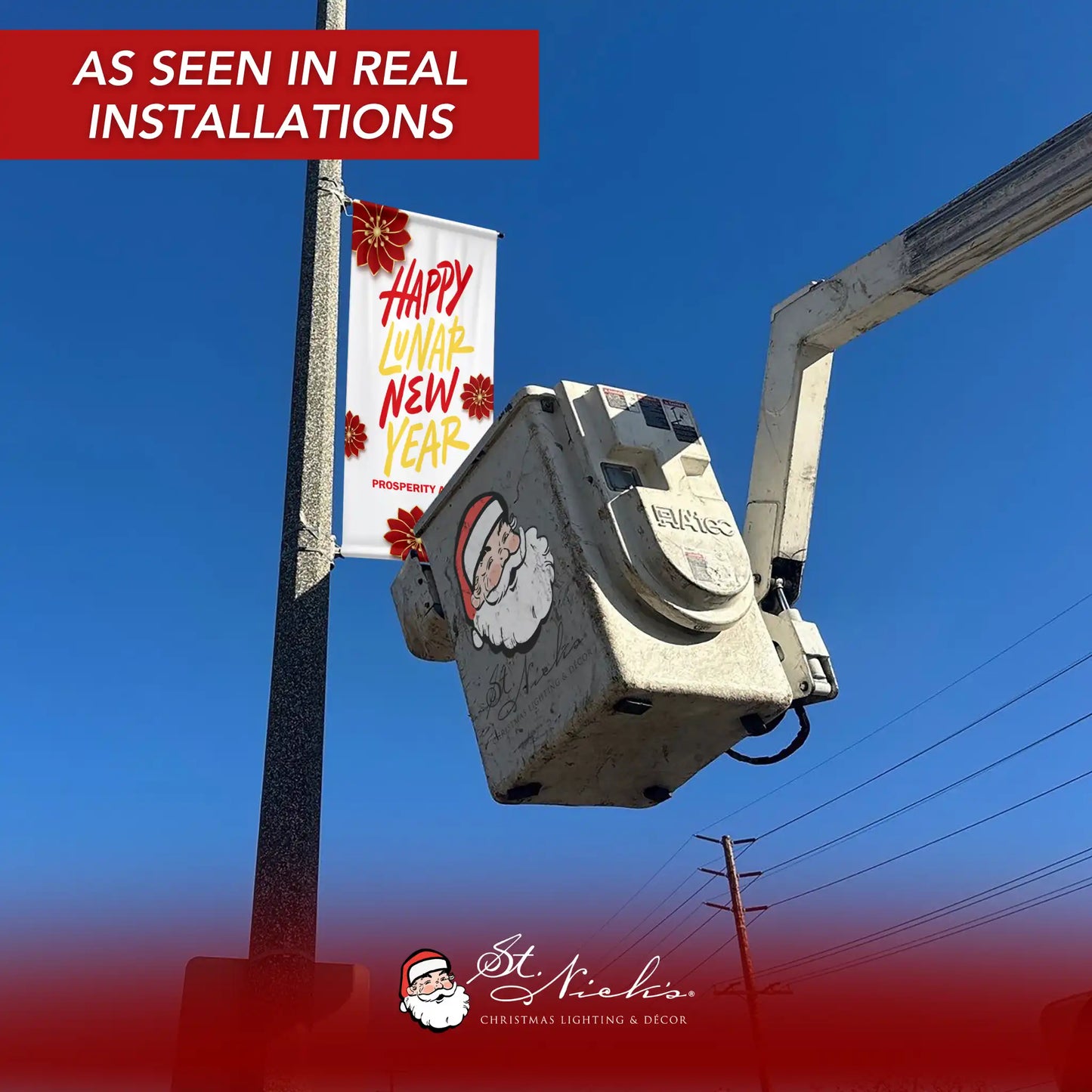 Happy Lunar New Year prosperity pole banner displayed on street pole in real installation