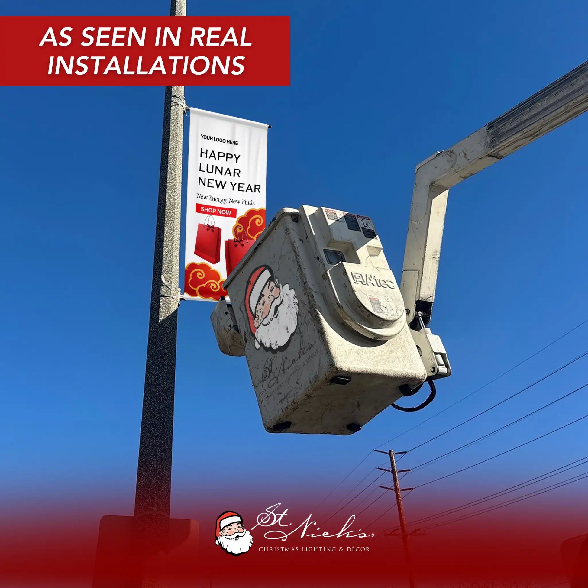 Happy Lunar New Year shopping bag pole banner displayed on street pole in real installation