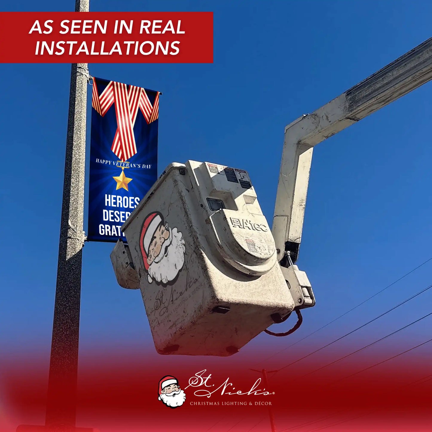 Heroes Deserve Gratitude Veterans Day pole banner installed on streetlight pole