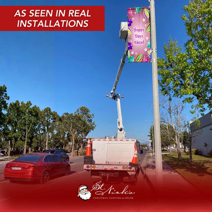 Hoppy Days Ahead Easter pole banner displayed on street pole in real installation