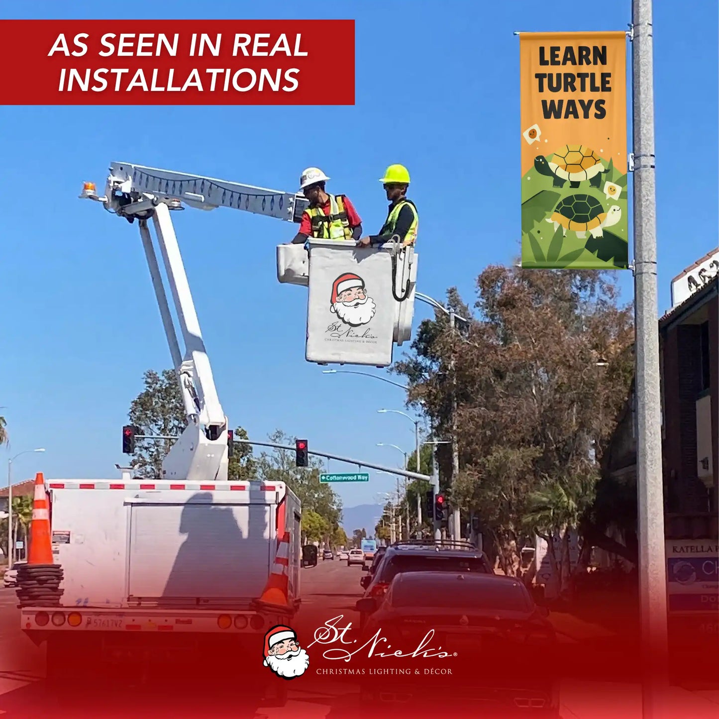 Learn Turtle Ways banner installed on street pole during professional installation