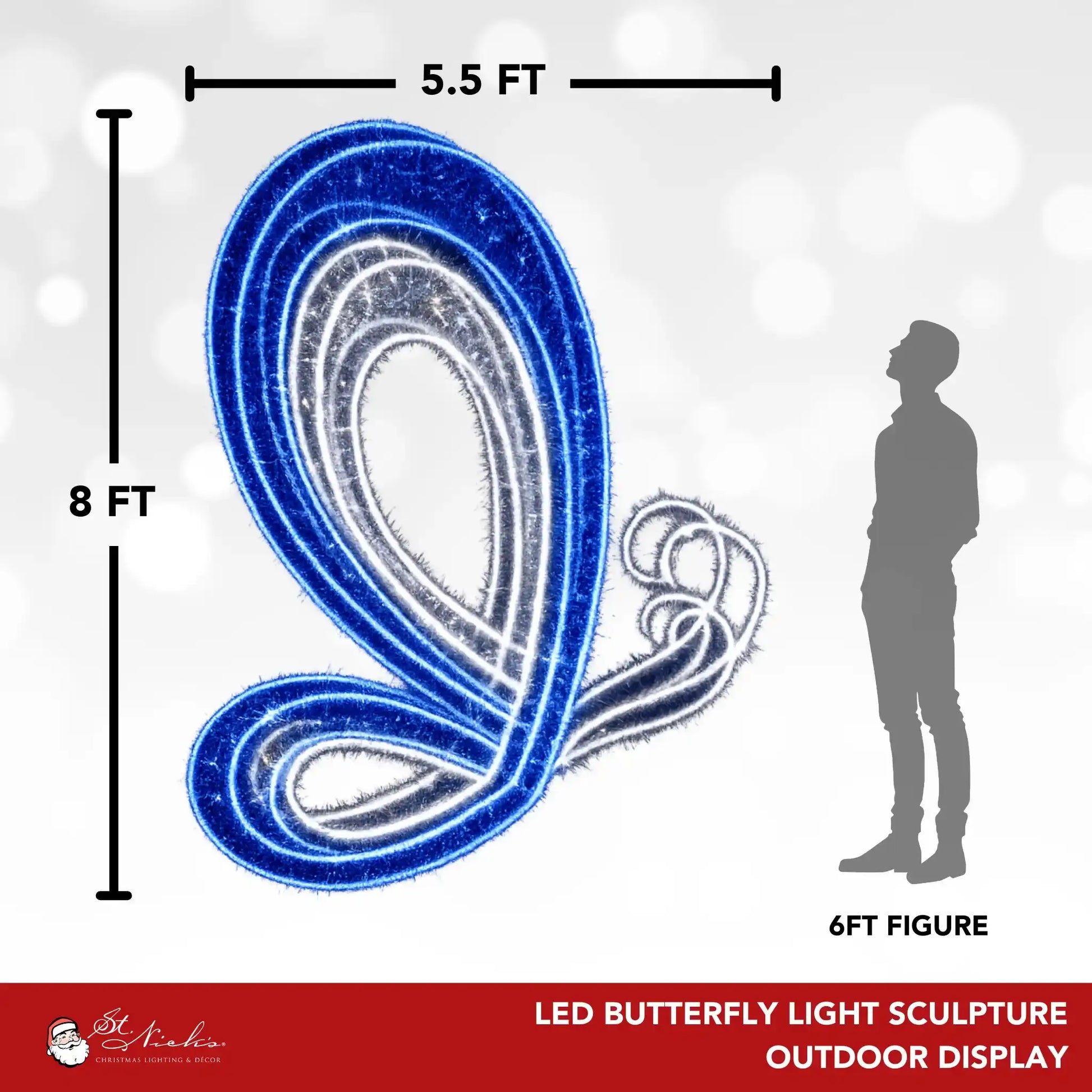 8 foot LED butterfly light sculpture shown with size reference for outdoor display installation