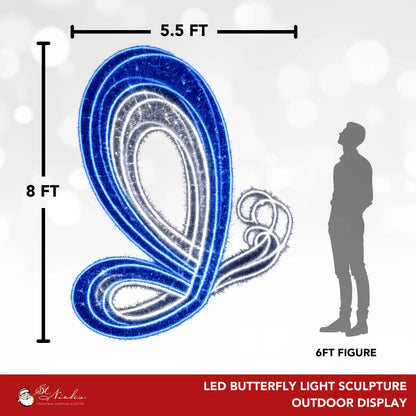 8 foot LED butterfly light sculpture shown with size reference for outdoor display installation