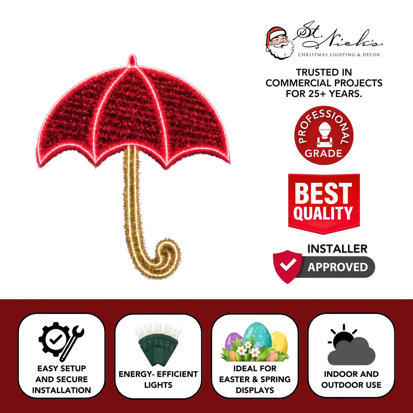 LED Easter umbrella light motif highlighting easy installation, energy-efficient lighting, and indoor outdoor use