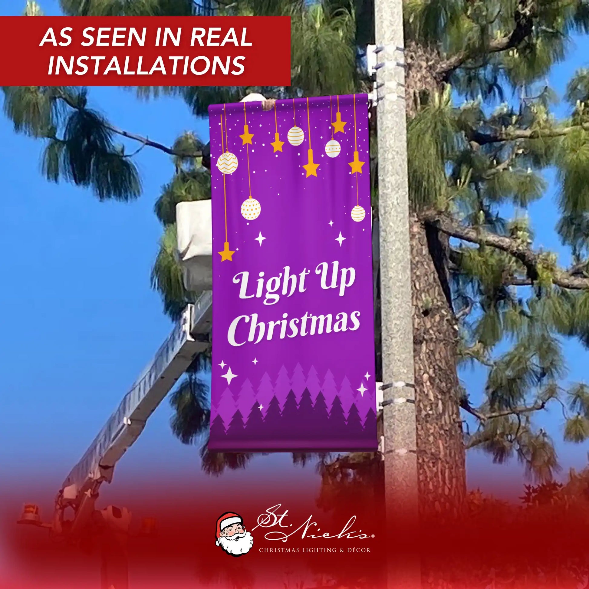 Light Up Christmas Christmas pole banner displayed on street pole in real installation