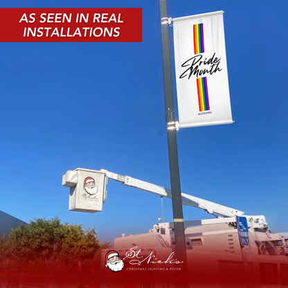 Love Is Love Pride Month pole banner displayed on street pole in real installation