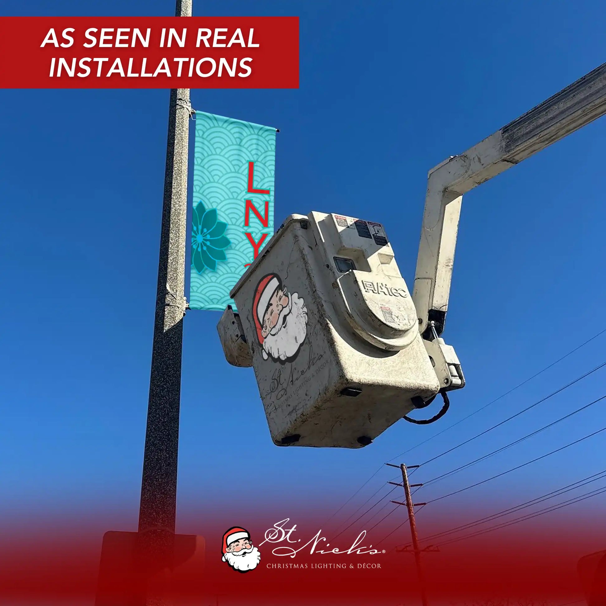 Lunar New Year 2026 teal custom pole banner displayed on street pole in real installation