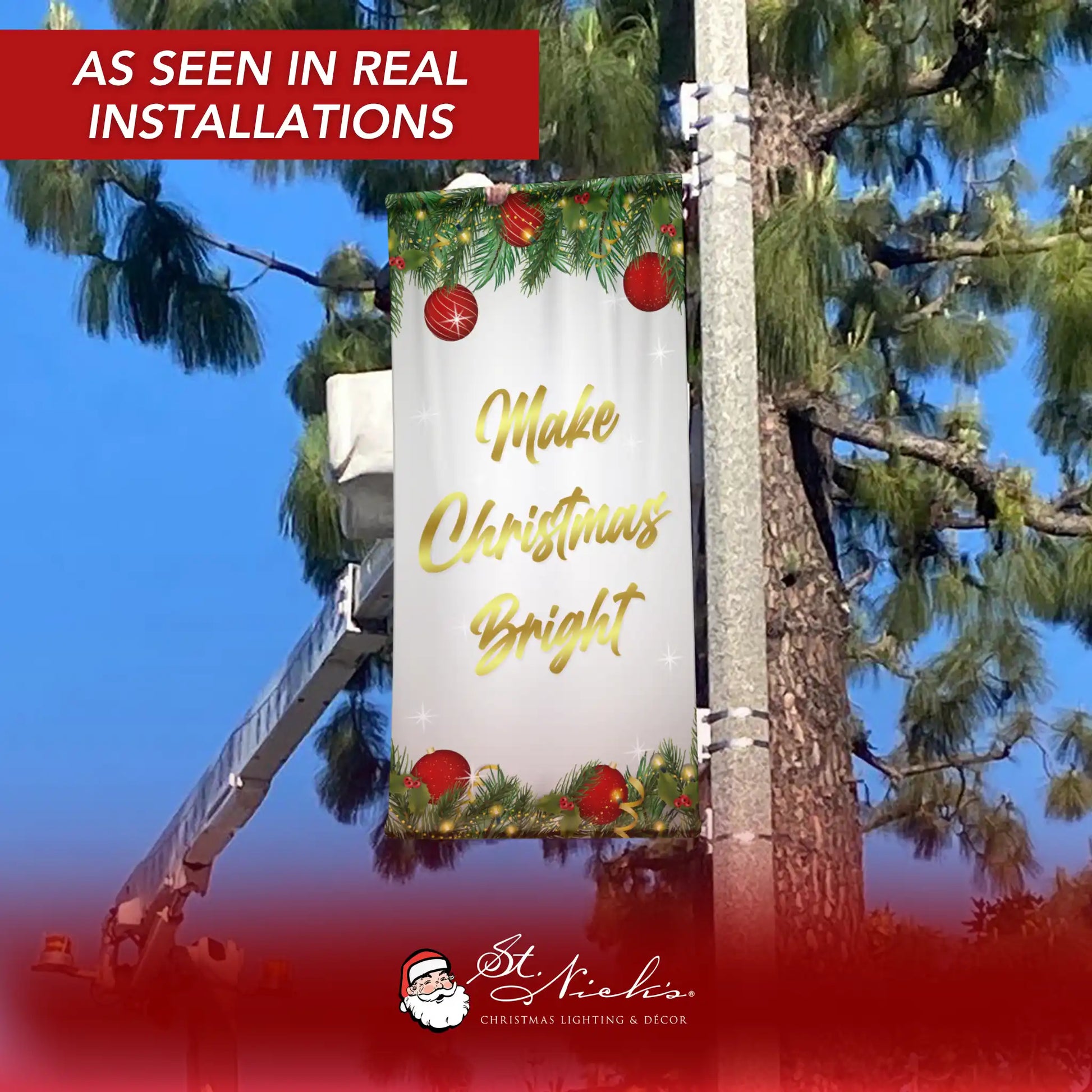 Make Christmas Bright Christmas pole banner displayed on street pole in real installation
