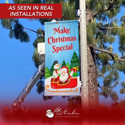Make Christmas Special Christmas pole banner displayed on street pole in real installation