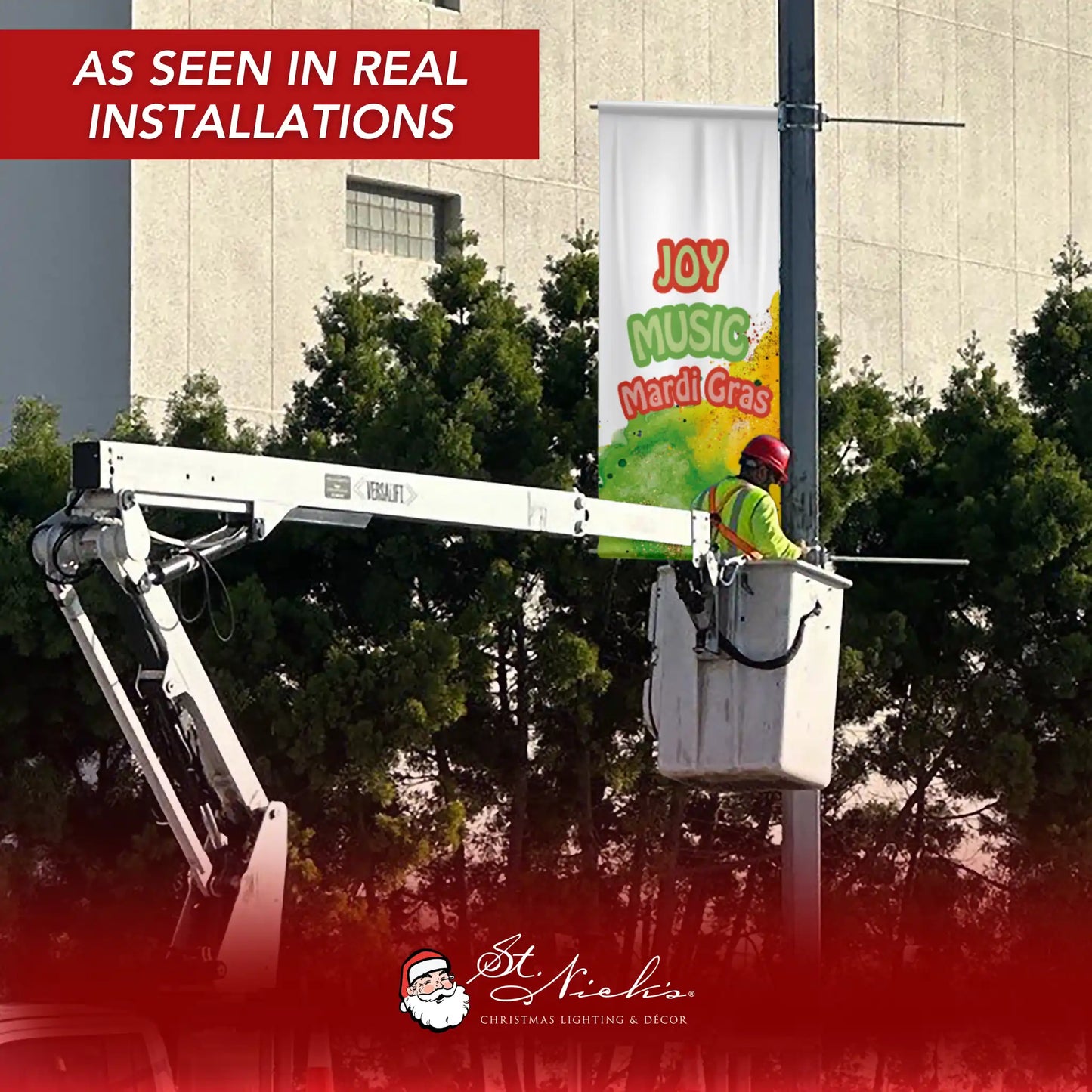 Joy Music Mardi Gras pole banner displayed on street pole in real installation