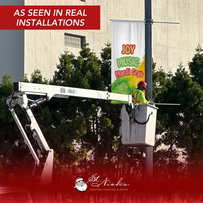 Joy Music Mardi Gras pole banner displayed on street pole in real installation