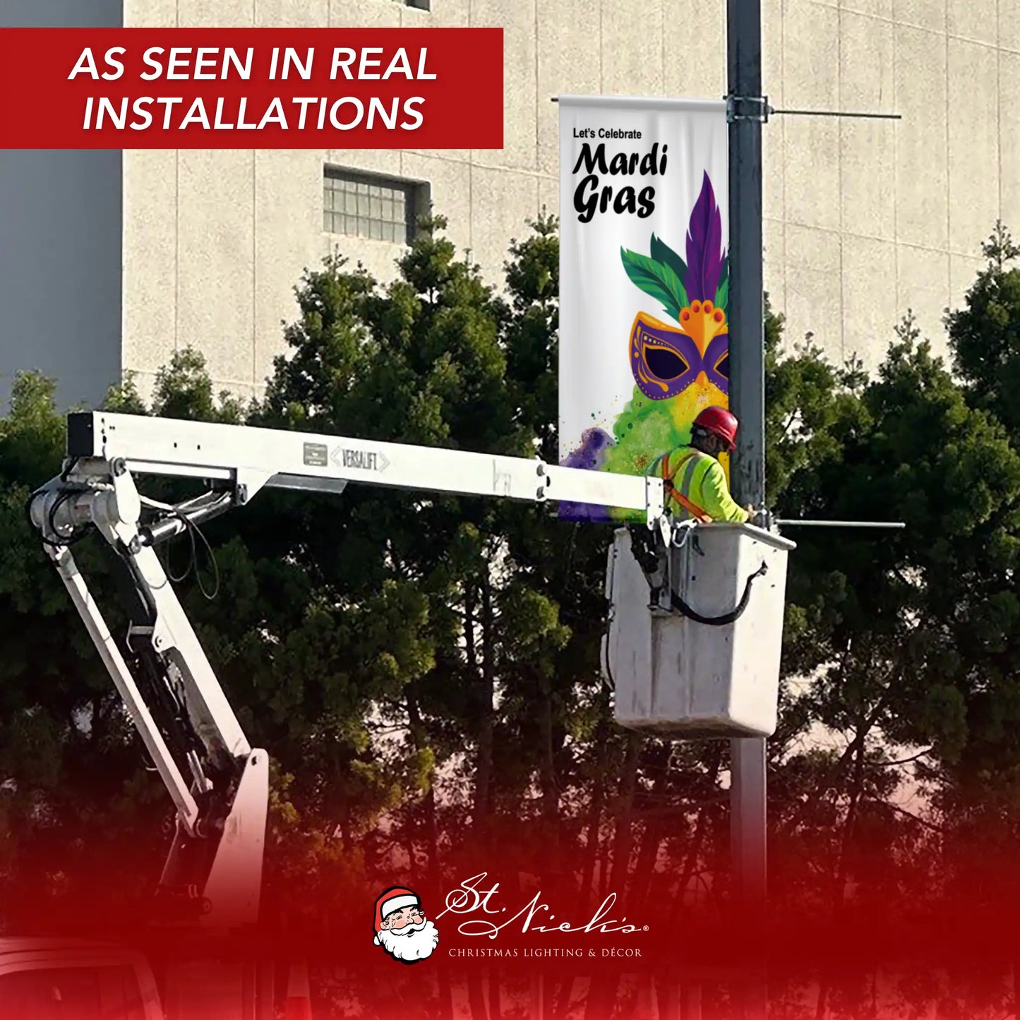 Let’s Celebrate Mardi Gras pole banner installed on street light pole in real commercial installation
