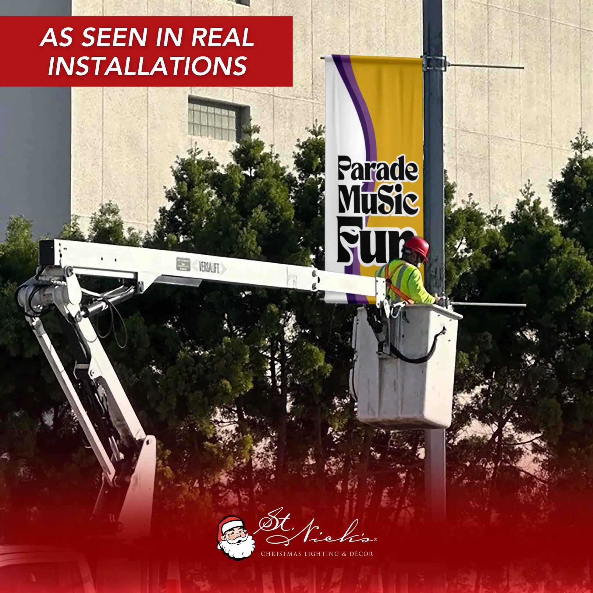 Mardi Gras Parade Music Fun pole banner installed on city street pole in real commercial setting