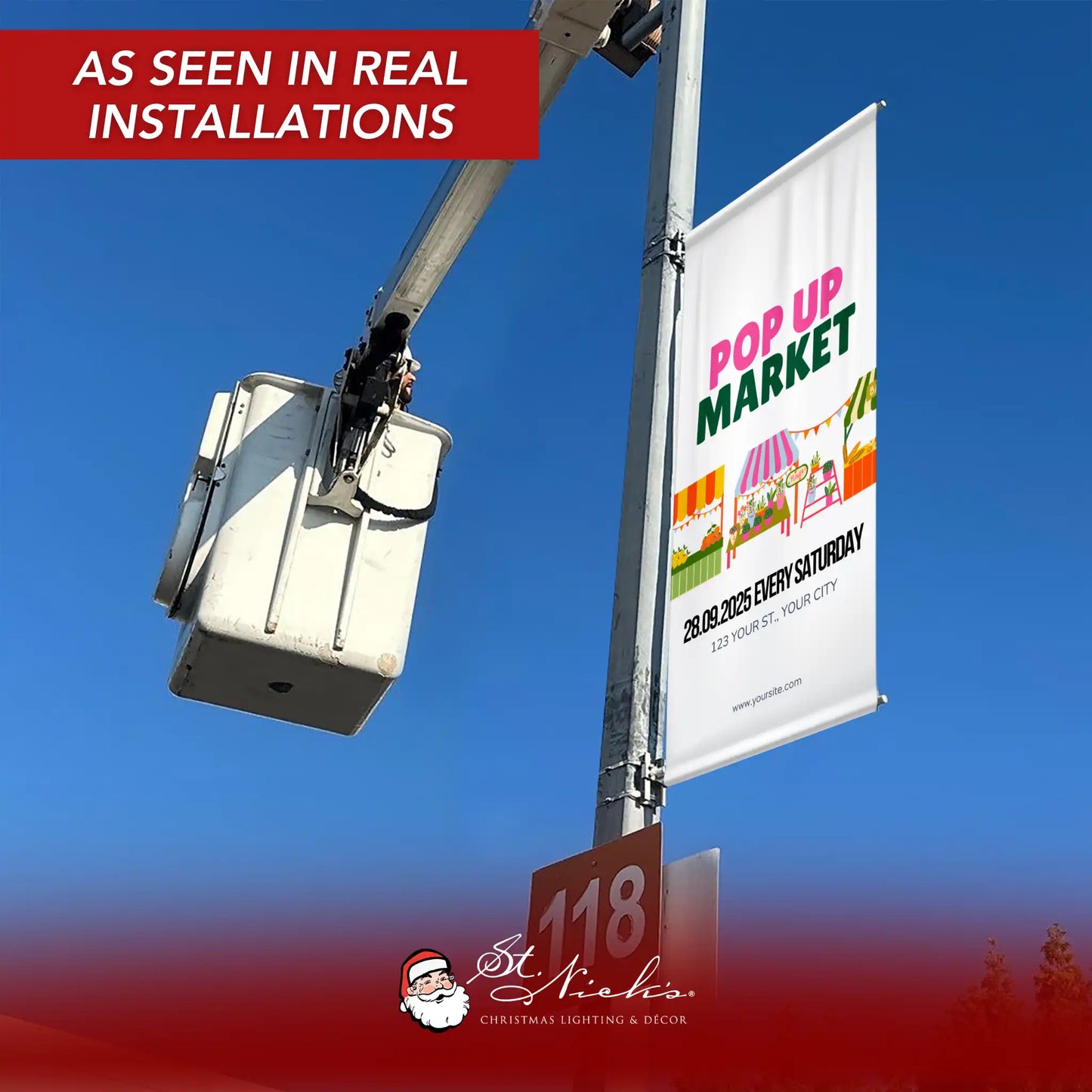 Pop Up Market pole banner displayed on street pole in real-world installation