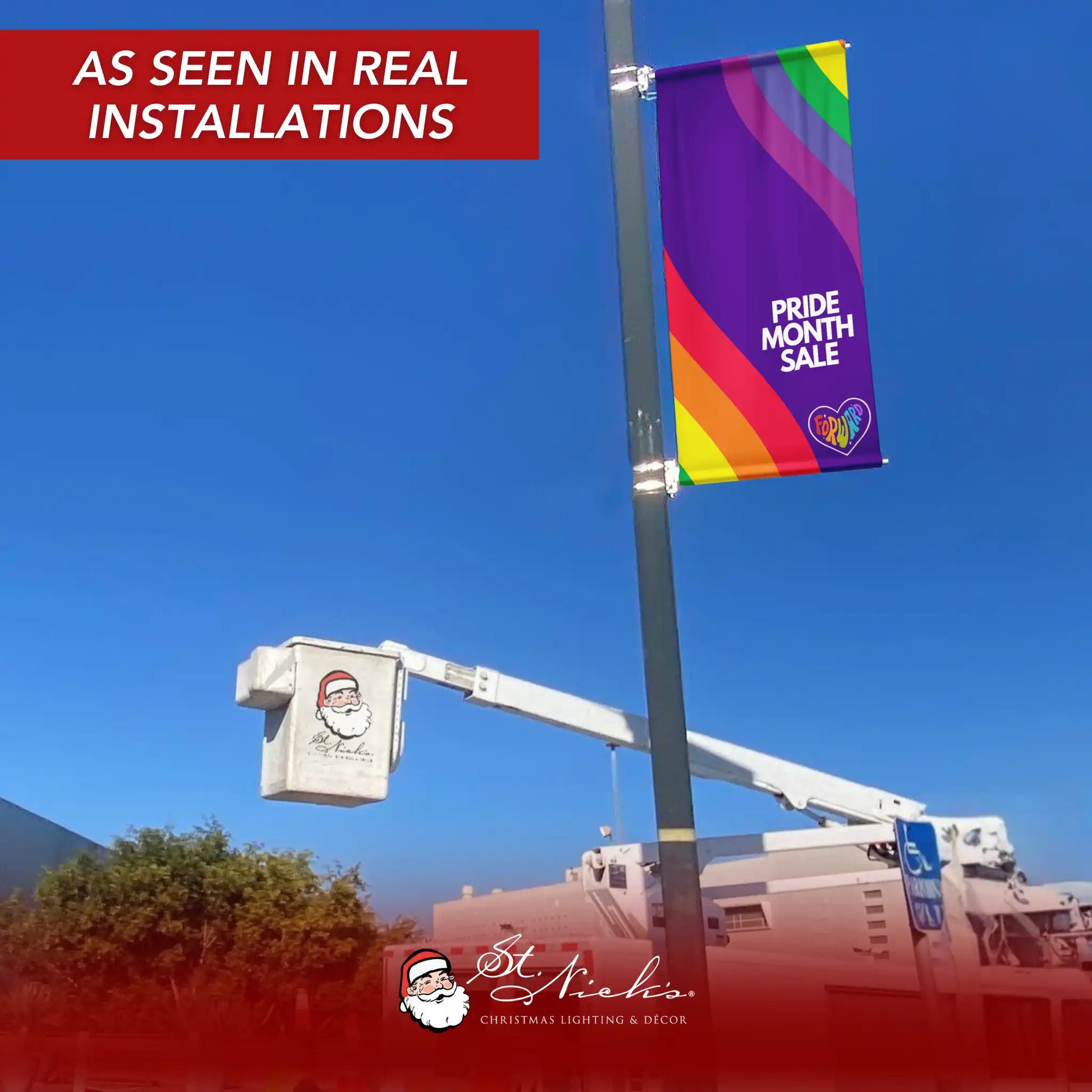 Pride Month Sale rainbow wave pole banner displayed on street pole in real installation