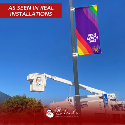 Pride Month Sale rainbow wave pole banner displayed on street pole in real installation