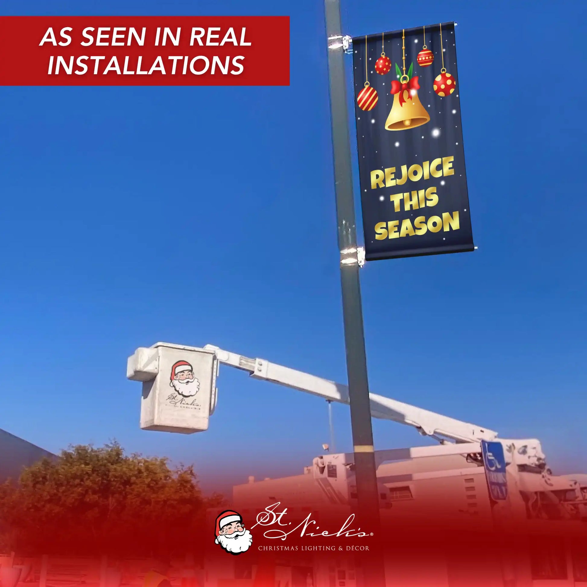 Rejoice This Season Christmas pole banner displayed on street pole in real installation