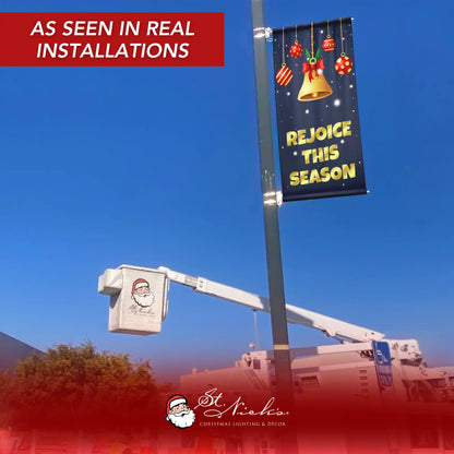 Rejoice This Season Christmas pole banner displayed on street pole in real installation