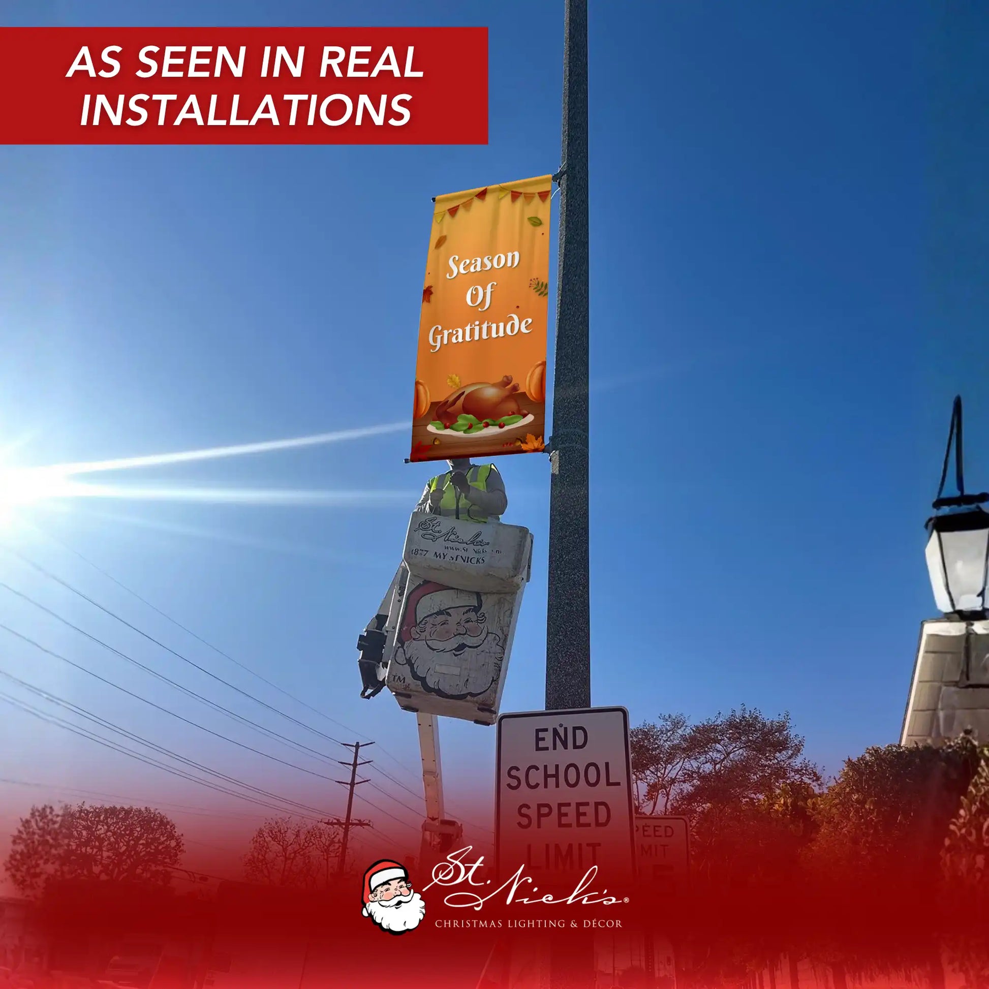 Season of Gratitude Thanksgiving pole banner displayed on street pole in real installation