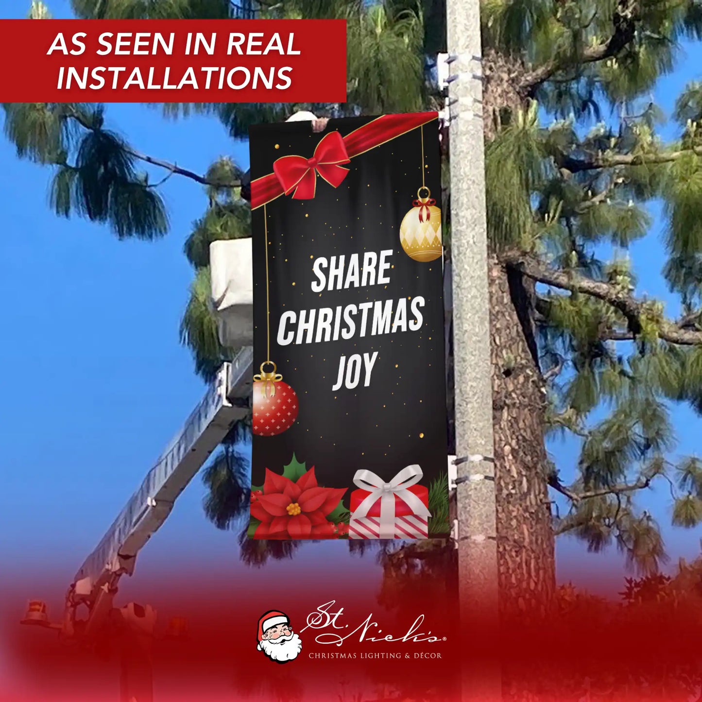 Share Christmas Joy Christmas pole banner displayed on street pole in real installation