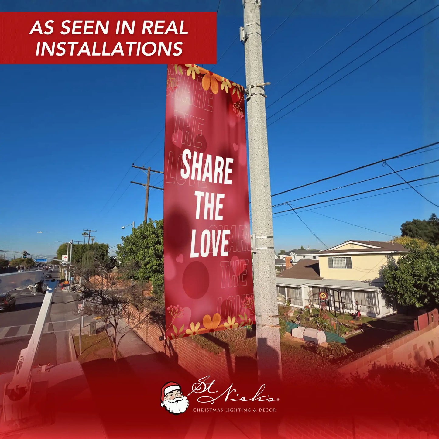 Share The Love Valentine pole banner displayed on street pole in real installation