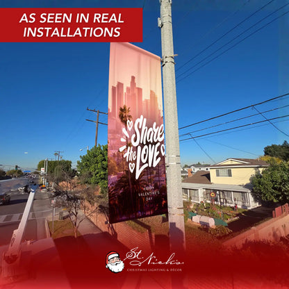Share the Love Valentine’s Day pole banner installed on street pole in a real outdoor setting