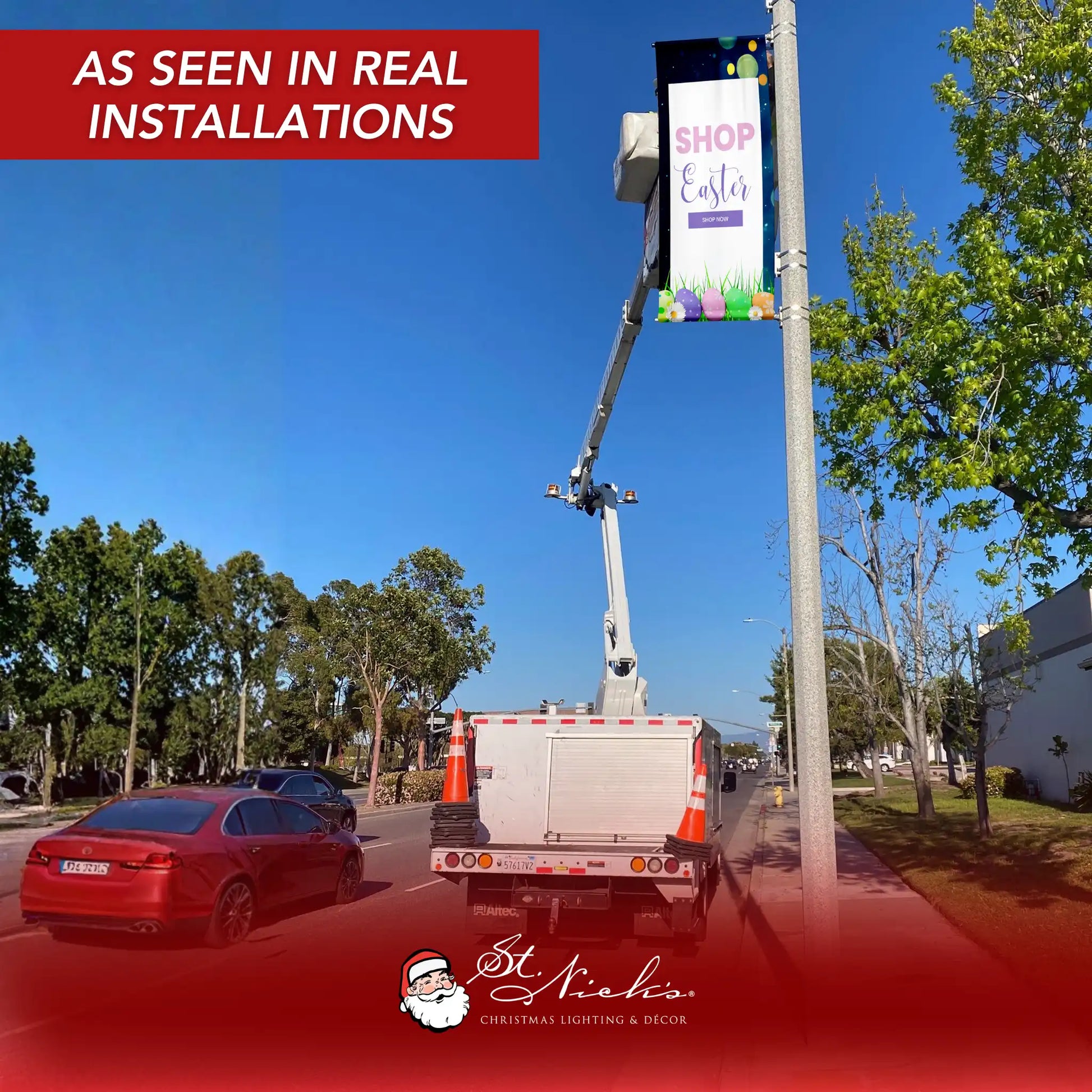 Shop Easter pole banner installed on street pole during real commercial installation