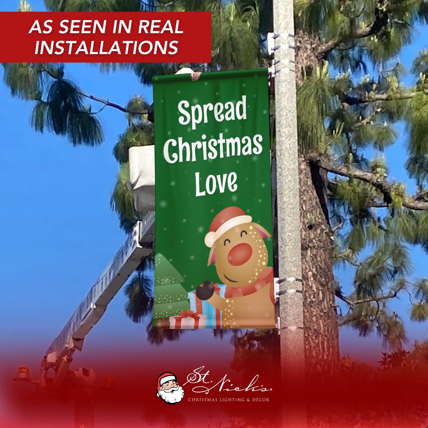 Spread Christmas Love Christmas pole banner displayed on street pole in real installation