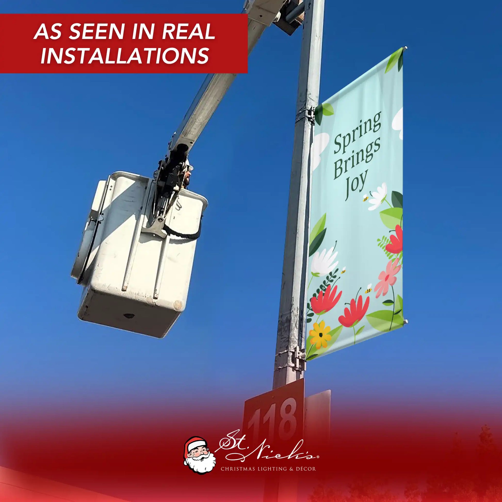 Spring Brings Joy spring pole banner displayed on street pole in real installation