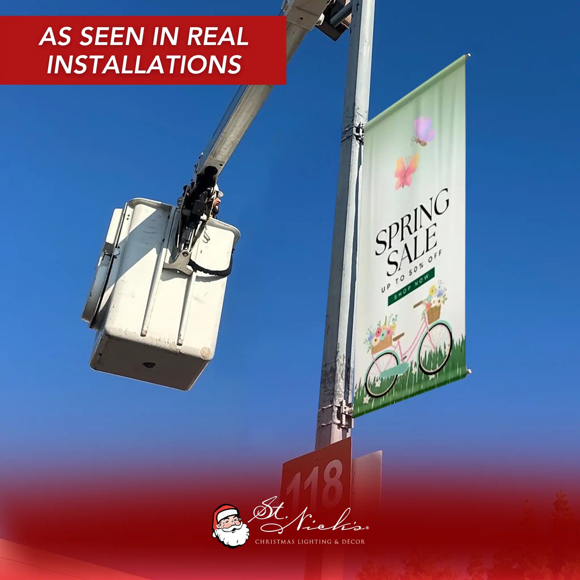 Spring Sale pole banner installed on street pole during real commercial installation