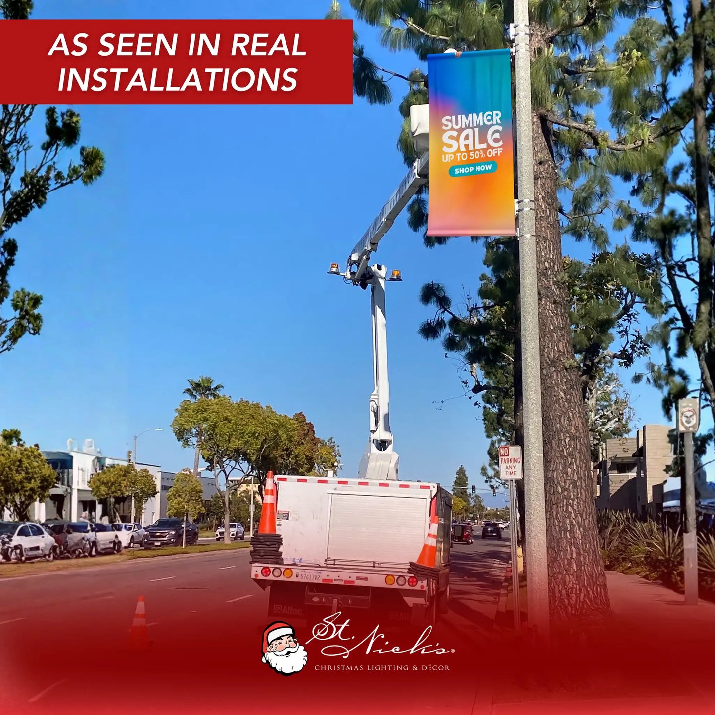 Summer Sale gradient street pole banner installed outdoors on commercial light pole